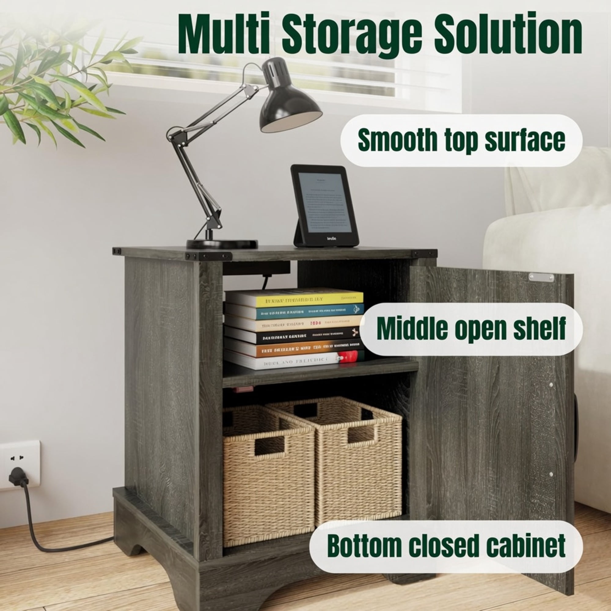 16" Dark Grey Farmhouse Nightstand w/ Charging Station & Storage