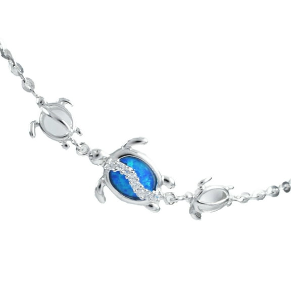Beautiful Hawaiian Blue Opal 3 Sea Turtle Bracelet, Sterling Silver Mom & 2 Baby Turtle CZ Bracelet, B3321 Birthday Mom Valentine Gift
