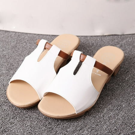 

SUODUI Women s Slippers Fashion Summer Ladies Solid Color Wild Open Toe Sandals Low Heel Beach Slippers White 7