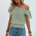 thumbnail image 4 of Miluxas Women's Trendy One Shoulder Blouse - Eyelet Lock Knit Short Sleeve Top with Bow Tie Smocked Hem Solid Tunic Shirts Summer Beach Outfits Green, 4 of 9