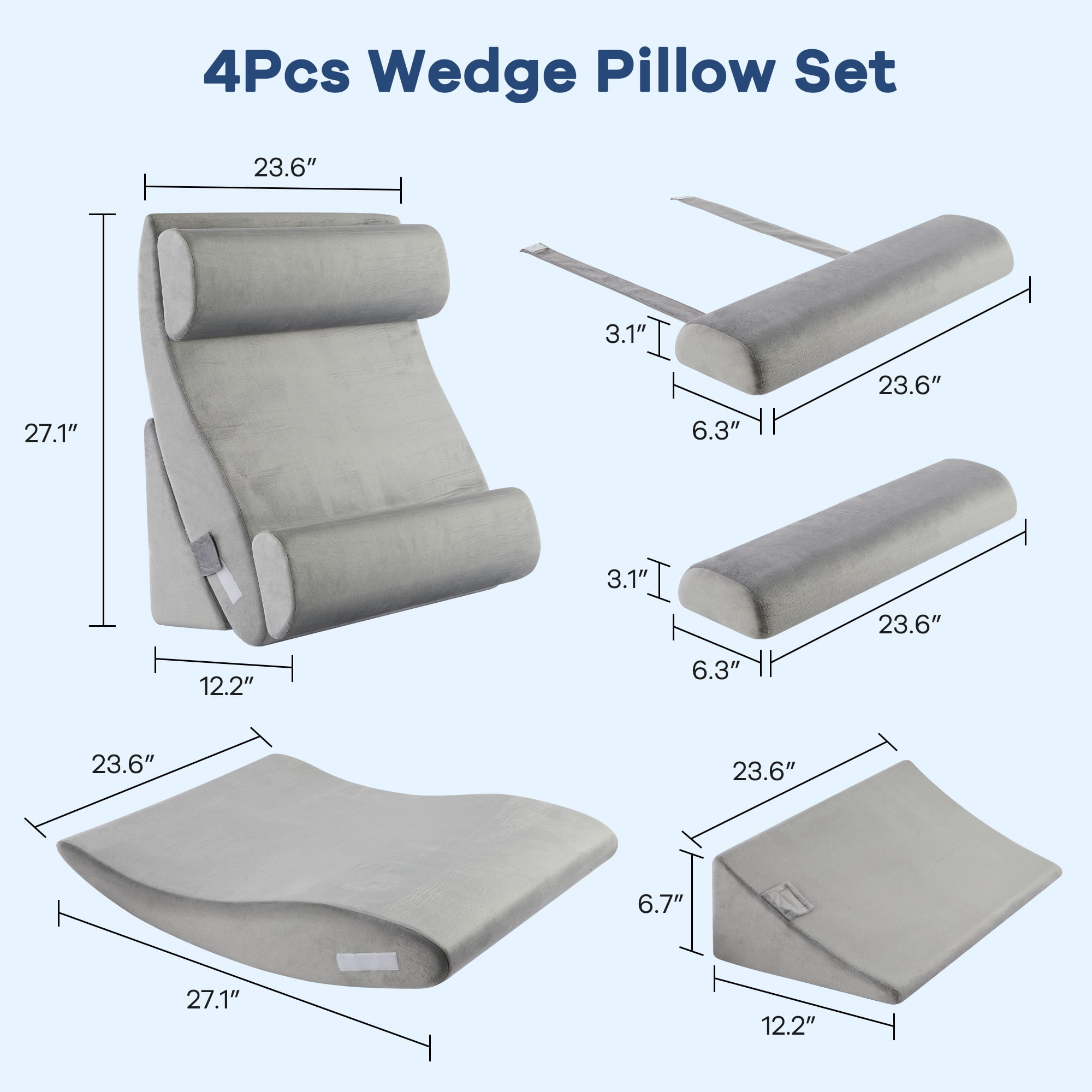 KAIPARA 4Pcs Bed Wedge Pillow Set for Sleep Apnea, Memory Foam Wedge Pillow for After Surgery, Elevation Pillow for Leg and Back Pain Relief & Acid Reflux