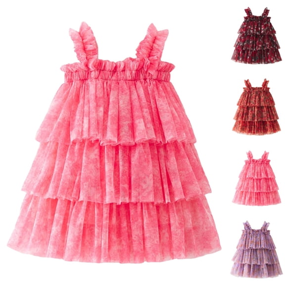 HJYCHN Girls Dresses Sleeveless Floral Print Tiered Mesh Dress with Ruffled Straps for Carnival Kids Dress 12-18 Months