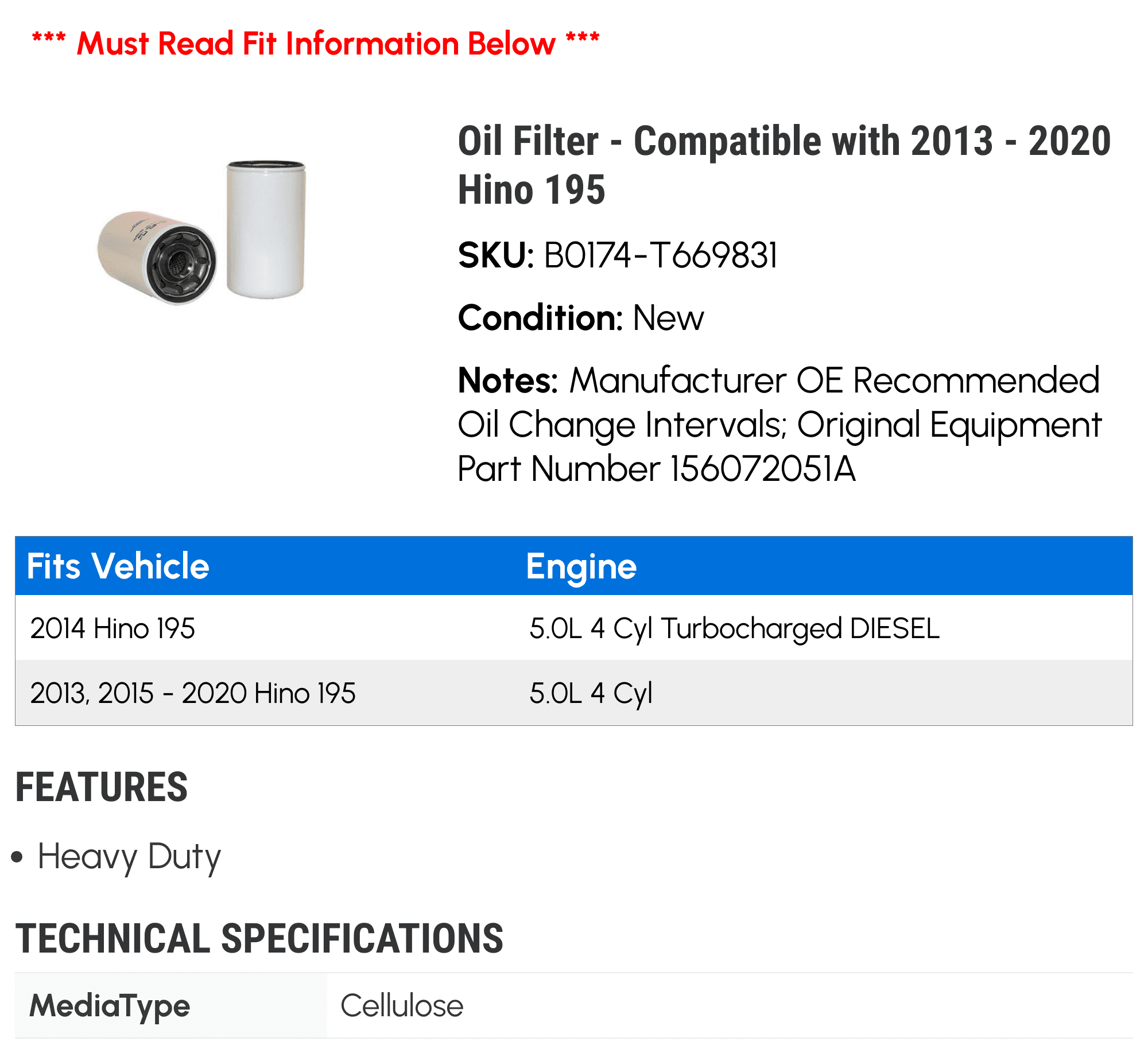 Oil Filter - Compatible with 2013 - 2020 Hino 195 2014 2015 2016 2017 2018 2019