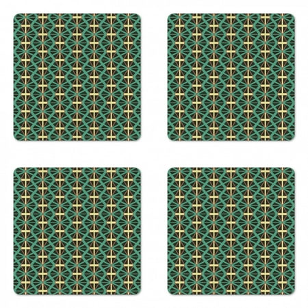 

Minimalist Coaster Set of 4 Vintage Diamond Shaped Crossed Mosaic Lines Trippy Square Hardboard Gloss Coasters Standard Size Pale Yellow Jade Green by Ambesonne