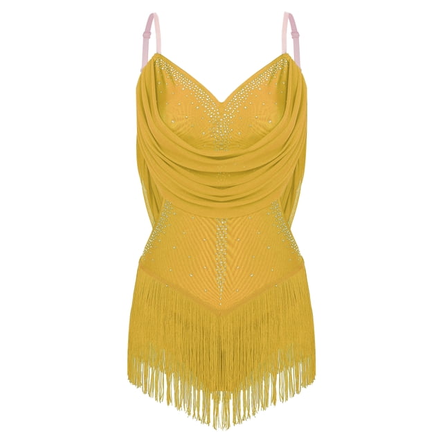 Yeahdor Robe de Cocktail Sans Manches pour Femmes Rumba Salsa Danse de Salon avec Franges Jaune TTG