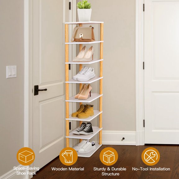 8 Tier Wooden Shoe Rack  Entryway Vertical Shoe Shelf Corner Shoe Tower Hallway Closet