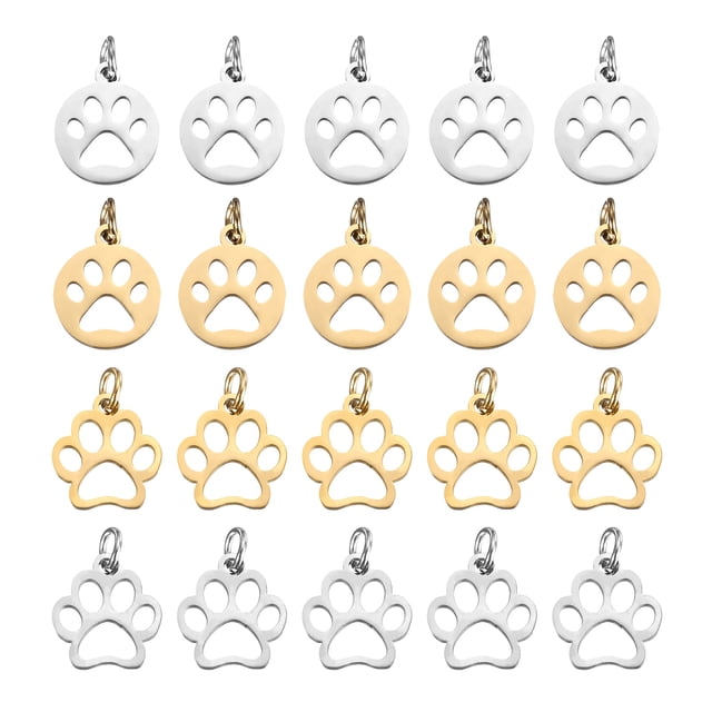 Conjunto de Charms de Huella de Patas de Perro Uxcell 3mm, 20 Pcs Colgante de Huella de Patas de Gato y Perro, Charm de Llaveros para Hacer Joyas de Bricolaje, Collar, Pulsera, Plata/Oro