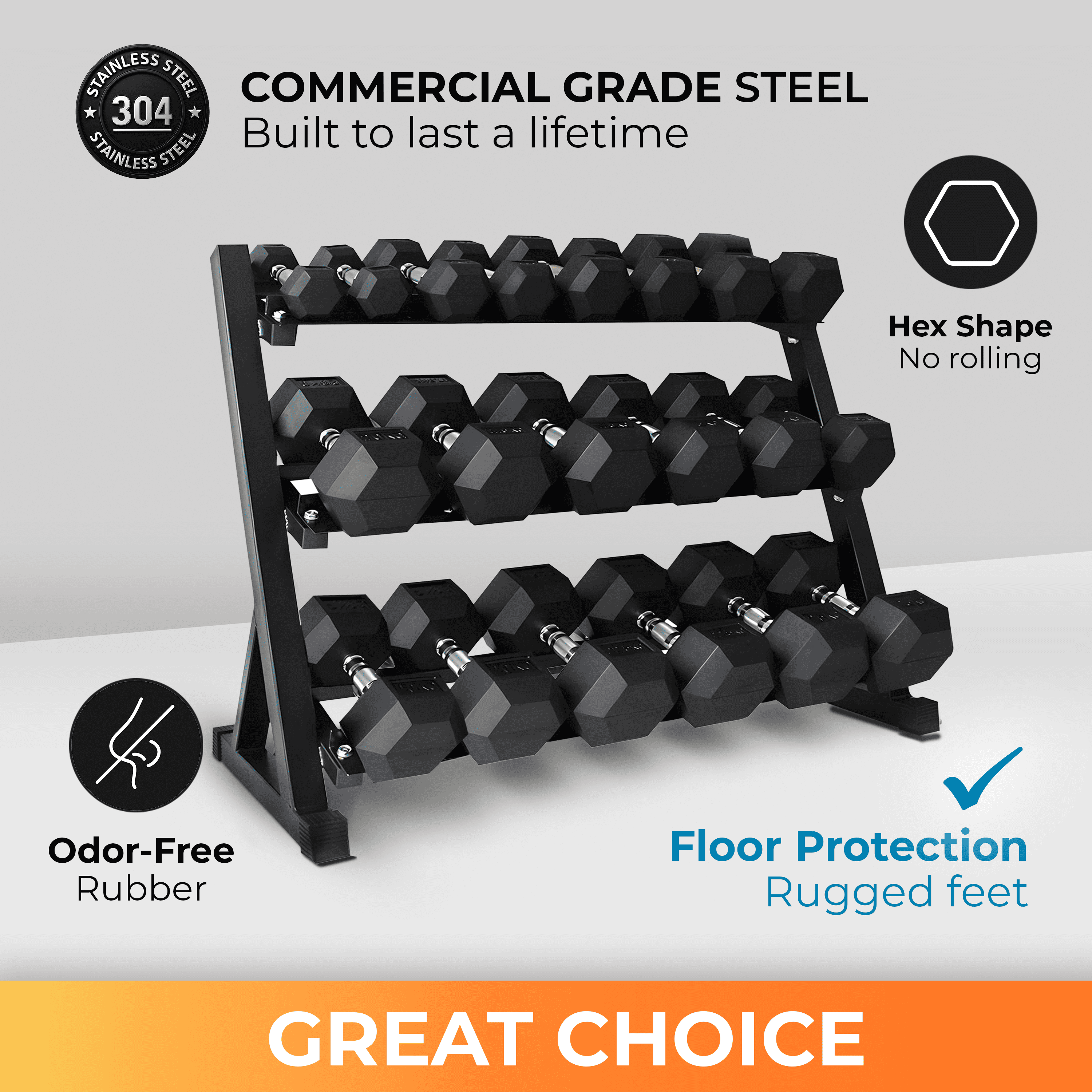 StrengthUSA 5-60 LBS Rubber Hex Dumbbell Set with Rack, 12 Pair, 780 lbs, Weight Set for Home Gym, Strength Training, Fitness Center Equipment