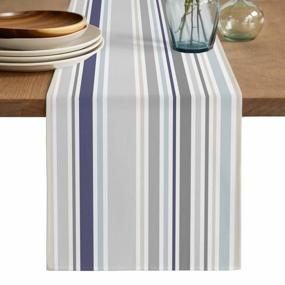 Gray Stripe Table Runner, Modern Abstract Art Navy Blue Striped Rustic Washable Cotton Linen Table Runners 48 Inches Long, Dresser Scarf Runner for Nightstand/Coffee/End Tables 13''x48''