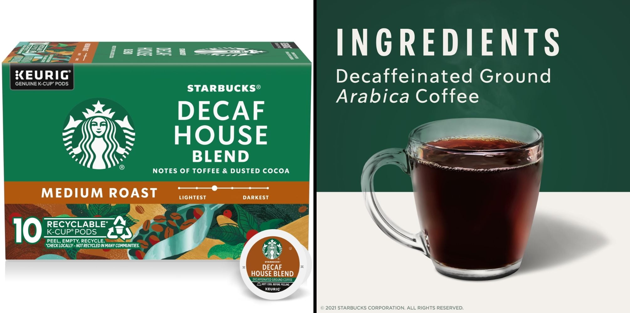 Starbucks K-Cup Coffee Pods Decaf House Blend 10 Pods & Ground Coffee Decaf House Blend 12 oz