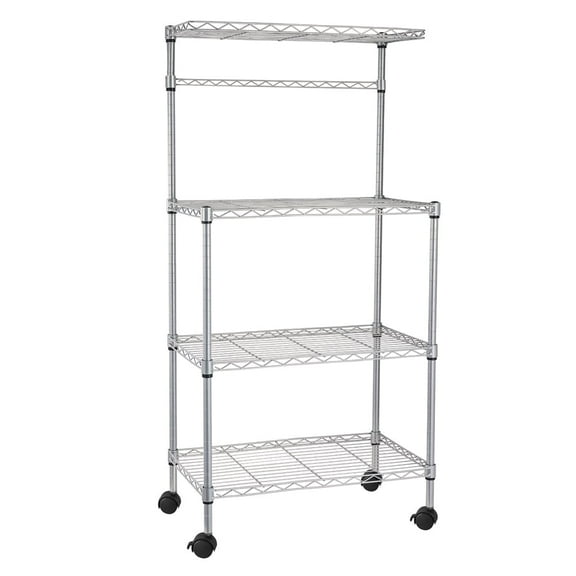 Storage Cart, 4 Layer Kitchen Bakers Rack Shelf Adjustable Microwave Oven Stand Silver