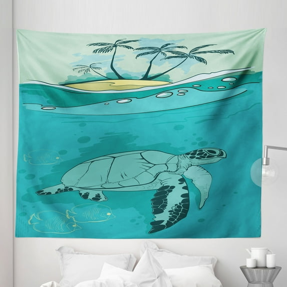 Ocean Tapestry, Sea Turtle Swimming Coral Reef Exotic Island Underwater Life Illustration, Fabric Wall Hanging Decor for Bedroom Living Room Dorm, 5 Sizes, Turquoise Teal Green, by Ambesonne