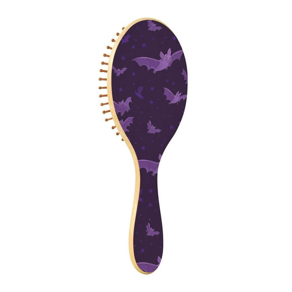 Halloween Purple Bat Natural Wooden Hair Brush with Cushion for Gentle Scalp Massage