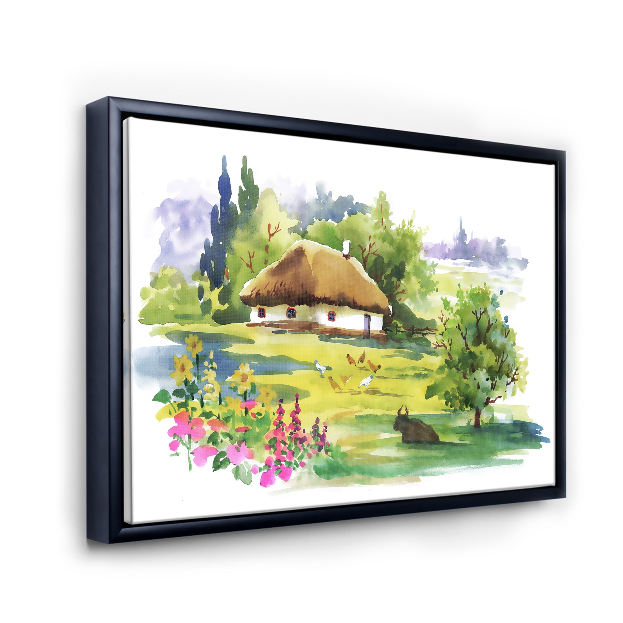 Designart 'Blossoming Greenlands And A Rural House' Traditional Framed Canvas Wall Art Print