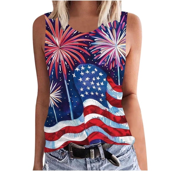 Fewfanhot Women's American Flag Tank Top, USA Star & Stripes Print Round Neck Sleeveless Blouse, Fourth of July Patriotic Casual Cami Tops