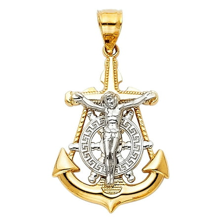 14kt White Gold Cross Crucifix - Jewels By Lux 14K White and Yellow Two Tone Gold Mariner Christian Crucifix Cross Small Pendant 26mm X 18mm