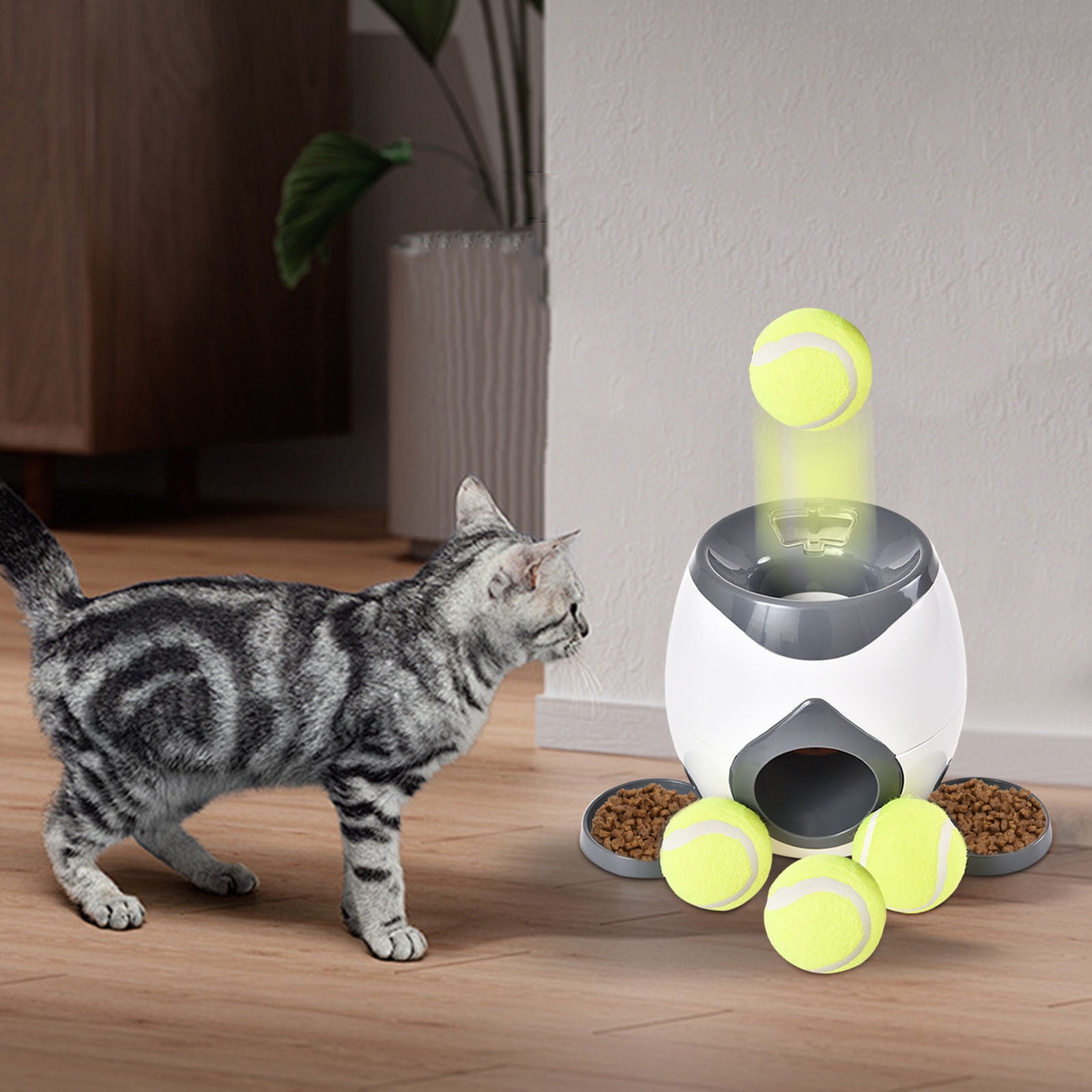 Automatic Ball Launcher for Small Dogs, Automatic Feeder for Interactive Dog Training, Including 2 Tennis Ball (2inch), Keep Dog Happy, Gray