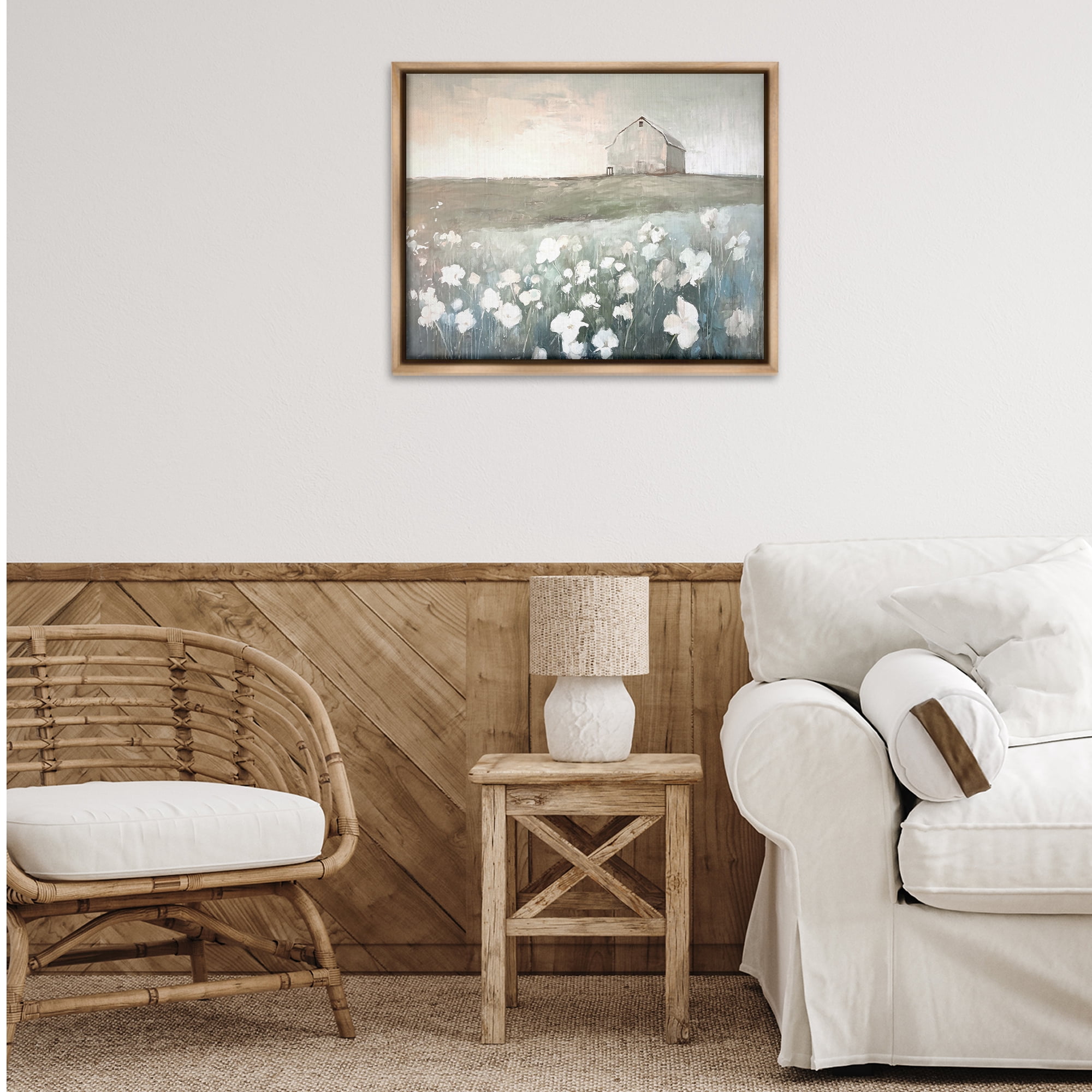 Stupell Industries Peaceful Floral Pasture Landscape Painting Brown Floater Framed Canvas Art Print Wall Art, 31 x 25