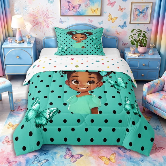 Castle Fairy Bubbly Black Girl Twin Comforter Sets 2pcs,Polka Dots Bow Butterfly Bedding Set,Teal,1 Comforter and 1 Pillowcase