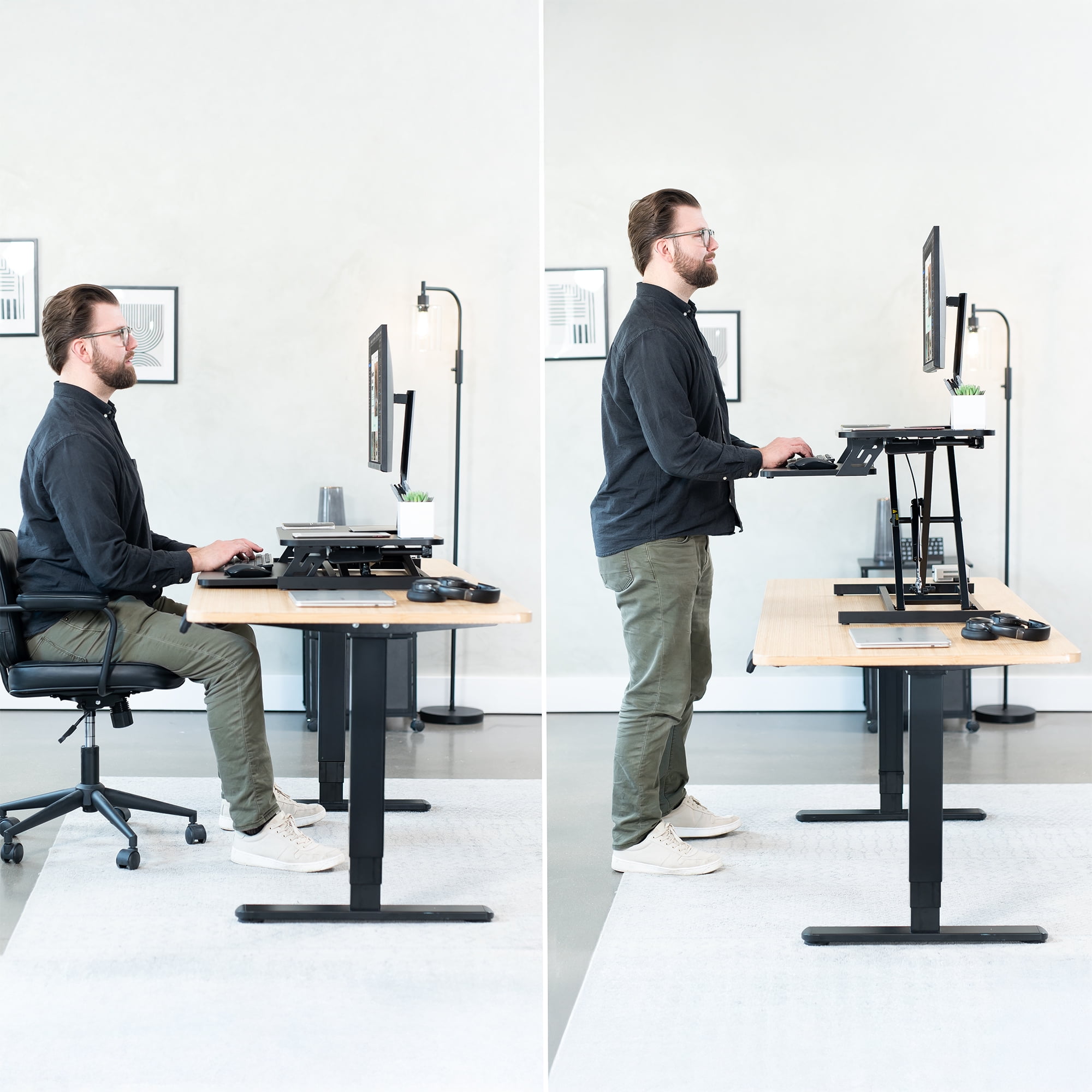VIVO Black Height Adjustable 32" Standing Desk Monitor Riser, Sit Stand Tabletop