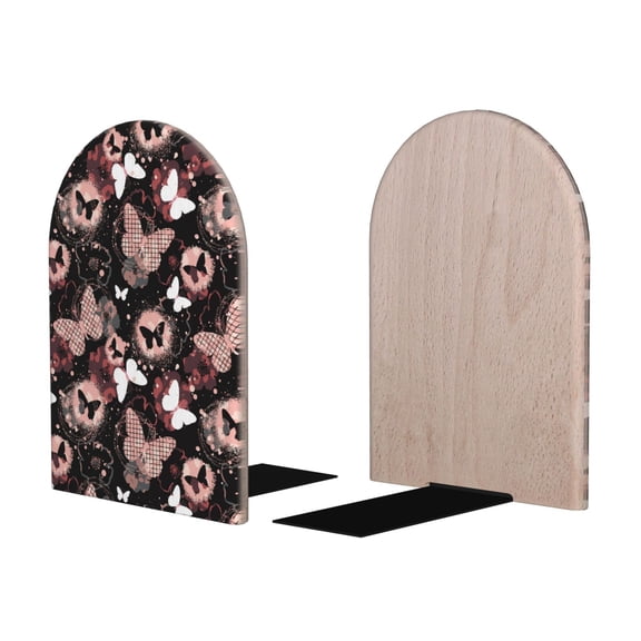 Picia Butterfly Pattern Wood Bookends for Shelves,Non-slip Bookends, Heavy Duty Wooden Bookend Support,1 Pair