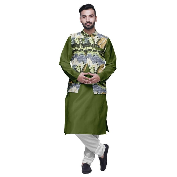 Atasi Men Mandarin Collar Solid Kurta Churidar Pajama & Printed Nehru Jacket Set