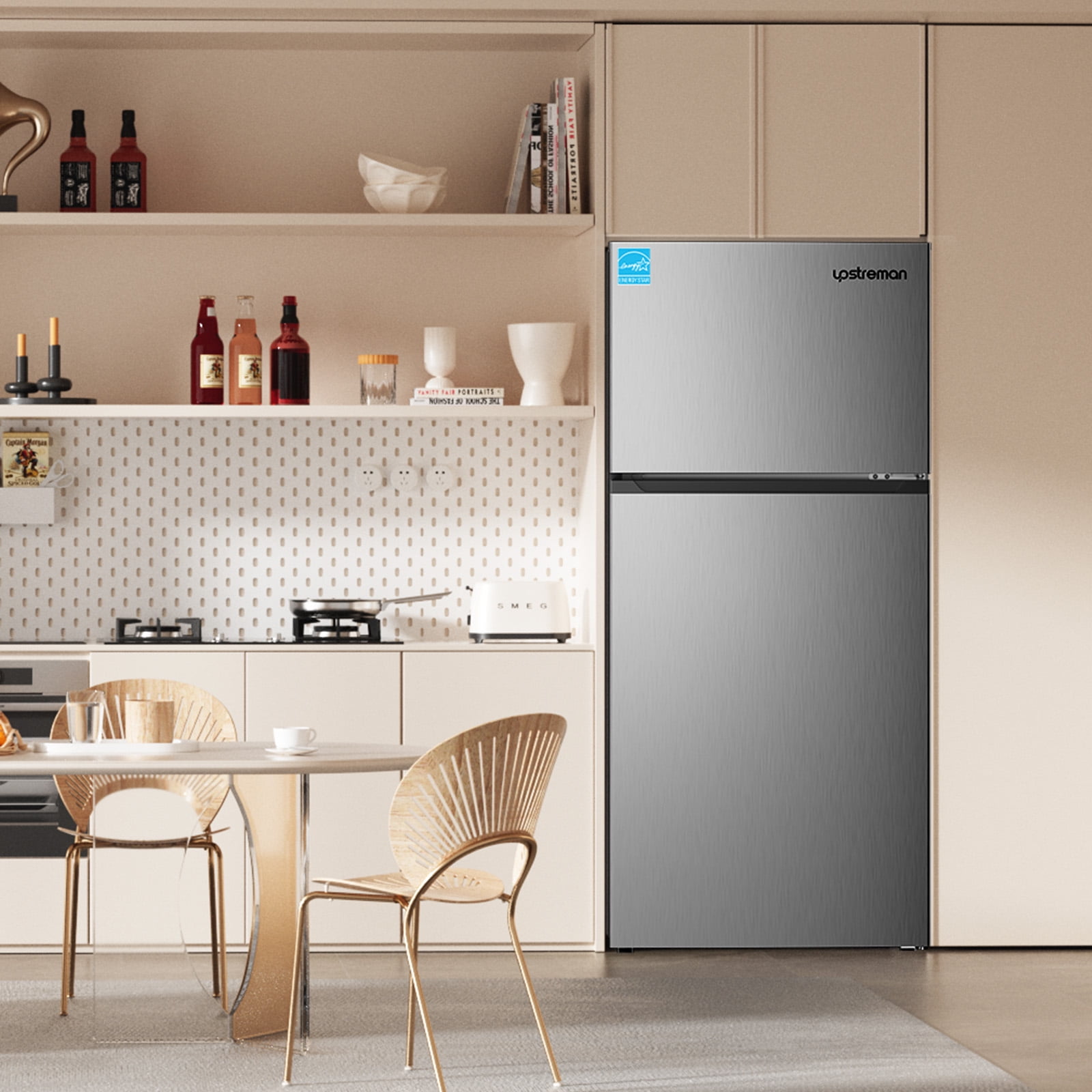 Upstreman 17.6 Cu.Ft. Top Freezer Refrigerator, Stainless Steel Fridge Freezer Double Door Refrigerator with Adjustable Thermostat Control, Fingerprint Resistant, Auto Defrost, Reversible Door, BD176