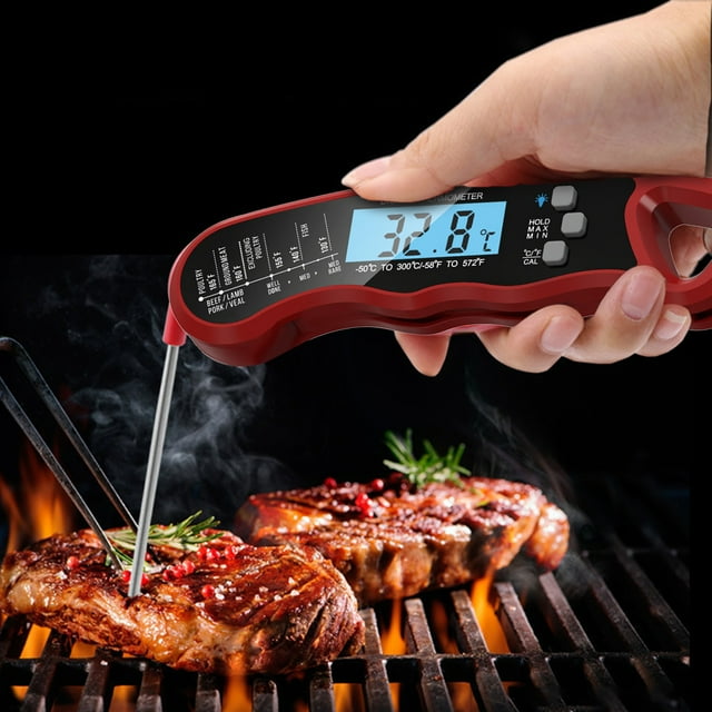 Qocolhg Waterproof Digital Instant Read Meat Thermometer with 4.6 inch Folding Probe Backlight Calibration Function for Cooking Food Candy, BBQ Grill, Liquids, Beef(Red)