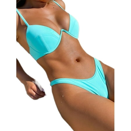 Juaugusep Women Bikini Push-Up Bra Swimsuit Thin Shoulder Strap Underwire Bra + Thong Beachwear