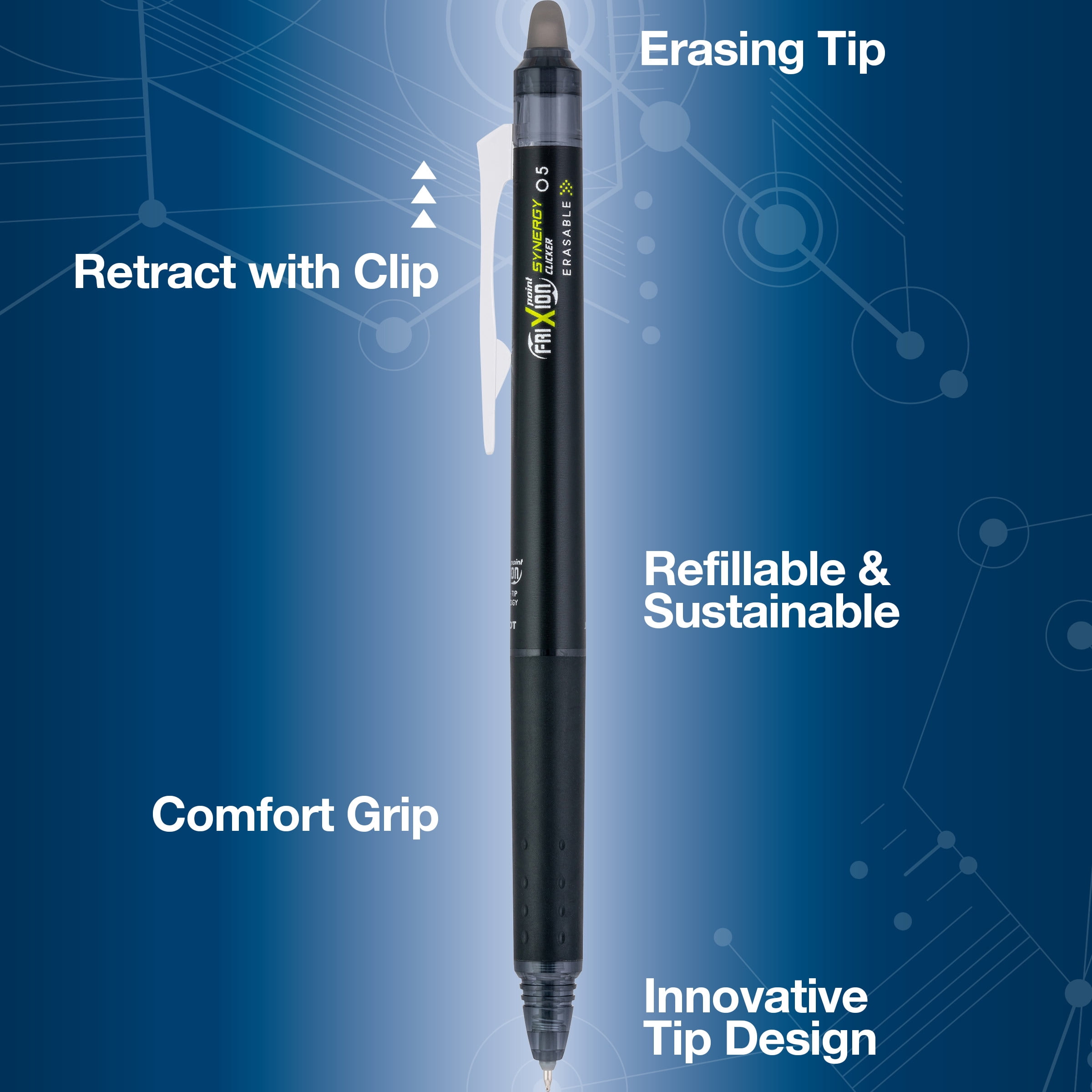 Pilot FriXion Synergy Clicker Erasable Gel Pens, 0.5mm Extra Fine, Black Ink, 12 Pack