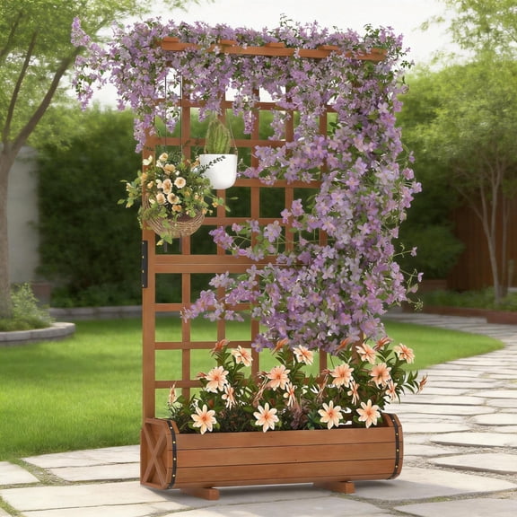 EuKer Outdoor Planter Box with Trellis and Roof, 67.7" Freestanding Privacy Planter for Climbing Vines, Vegetables, Flowers, Brown
