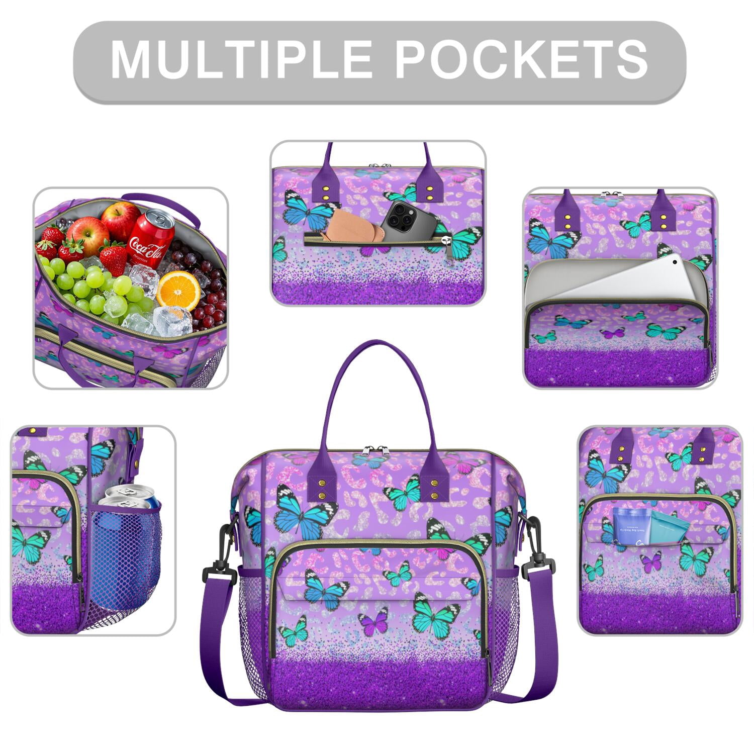 Butterflies Lovers Artistic Lunch Tote – Insulated Leakproof Large Cooler Bag with Colorful Floral Patterns, Dual Compartments for Outdoor or Office