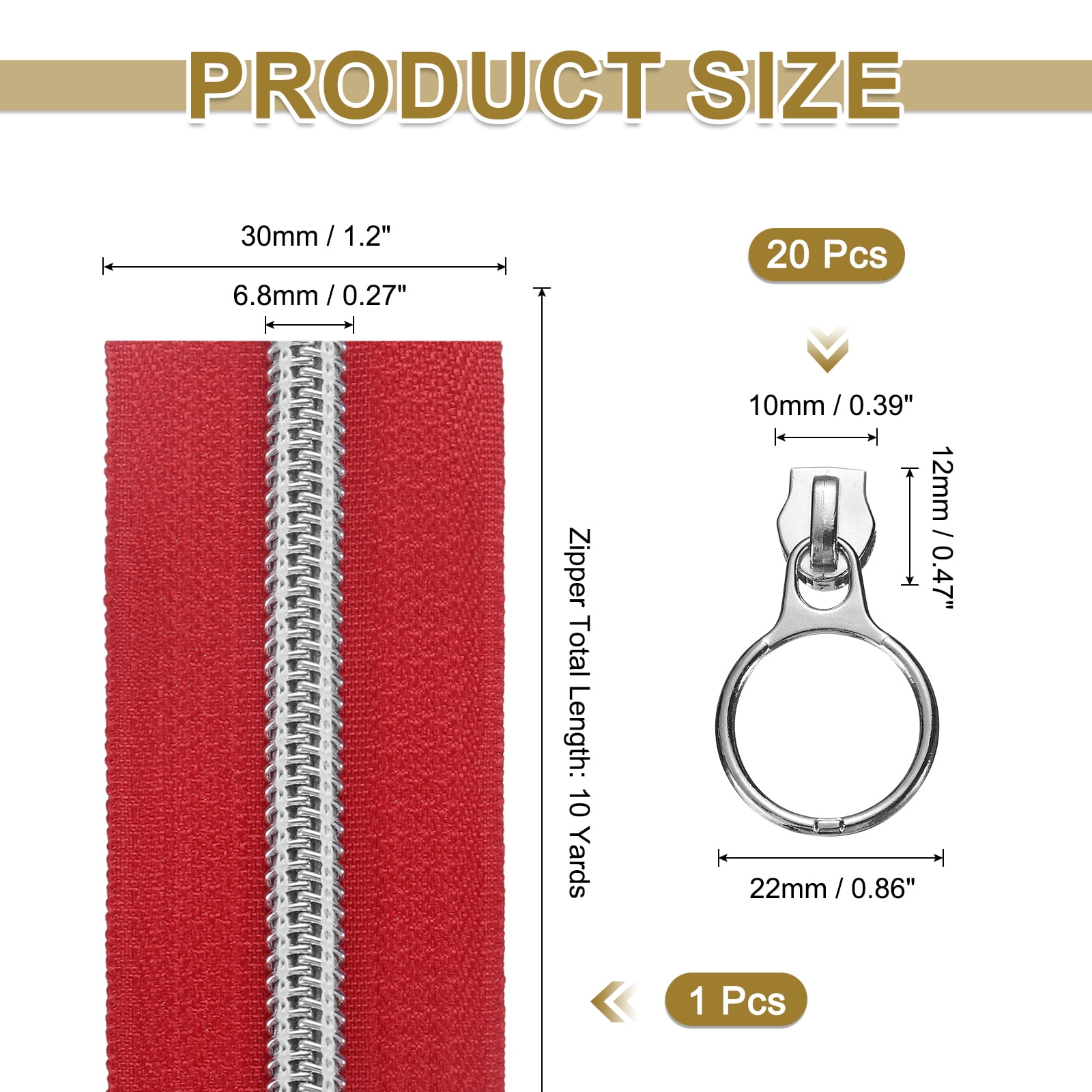 #5 10 Yards Nylon Coil Zippers, Bulk Coil Zipper by the Yards with 20pcs Silver Zippers Sliders for Diy Tailor Sewing Craft Bag Clothes, Red