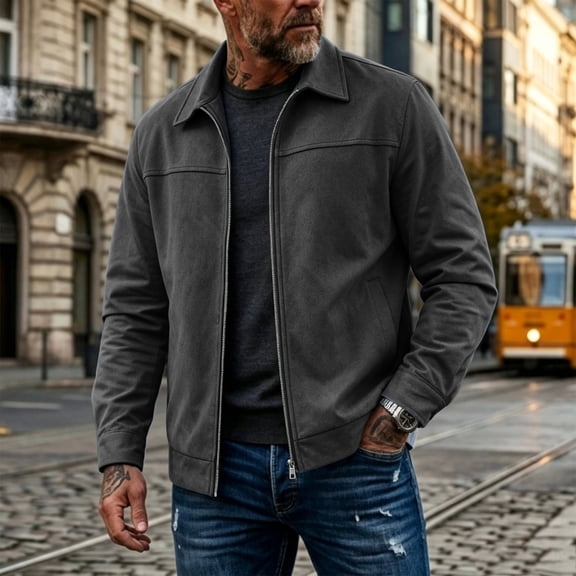 WIZUTIZ Suede Jacket For Men Zip Up Long Sleeve Fold Collar Work Jacket Casual Fall Winter Coat With Pockets Black Blue White