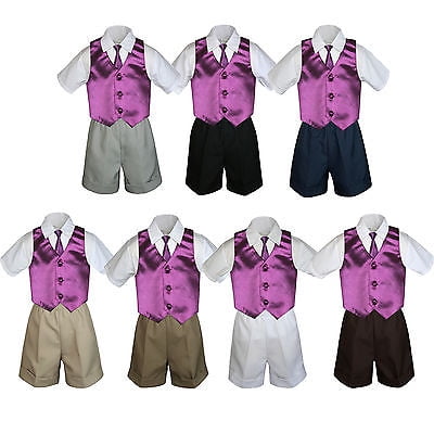 

4pc Set Boy Toddler Formal Dark Gray Vest and Necktie Black Khaki Shorts S-4T