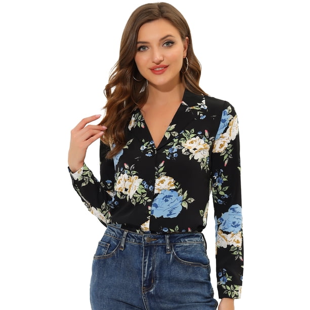 Blusa de manga larga para oficina con botones y cuello acampanado con estampado floral para mujer Negro S