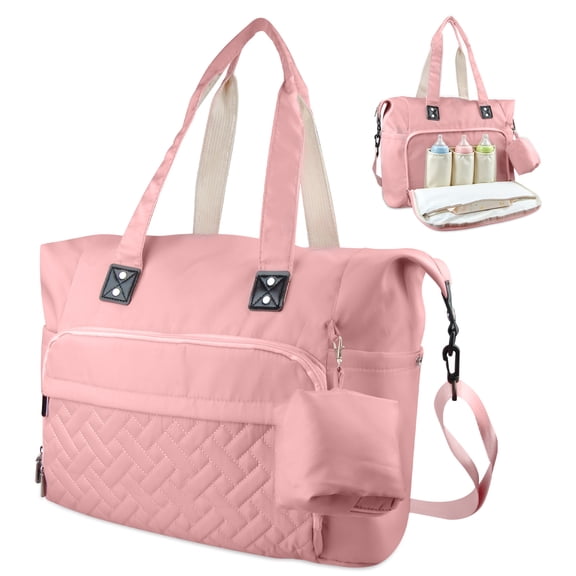 Diaper Bag Tote,Multifunction Baby Diaper Bags with Insulated Milk Bottle Pocket&Pacifier Case,Stroller Straps Waterproof Large Mommy Maternity Travel Baby Bag Diaper Tote Caddy for Mom and Dad,Pink