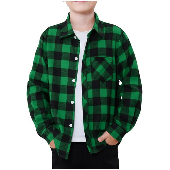 Mgmyaa Boys Button Down Shirts Long Sleeve Collared Brushed Plaid Shirt with Pocket