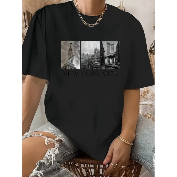 Camiseta Básica para Mujer Verano TranspirableWomen's Vintage New York City Skyline Graphic T-Shirt - Casual Round Neck, Short Sleeve, Polyester, Machine Washable, Black, Everyday Tshirt|New York Pr