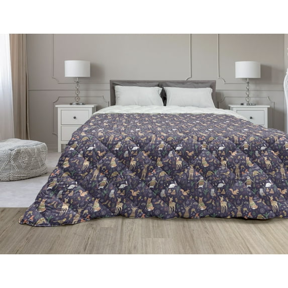 Island Down Alternative Comforter, Tropical Shores Foliage Palm Trees Monstera Leaves Beach Sunset Drawing, Microfiber Quilt for All Season, 5 Sizes, Violet Blue and White, by Ambesonne