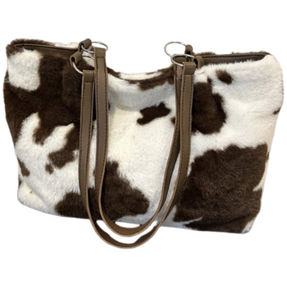 Hsqqdc Coffee Women Cow Print Plush Armpit Bag Large Capacity Korean Style Shoulder Handbag