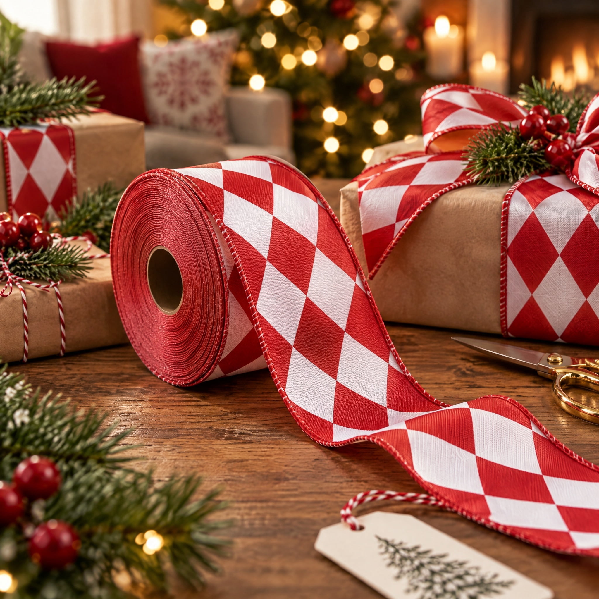 Red and White Diamond Pattern Christmas Ribbon, 2.5" x 12', by Holiday Time