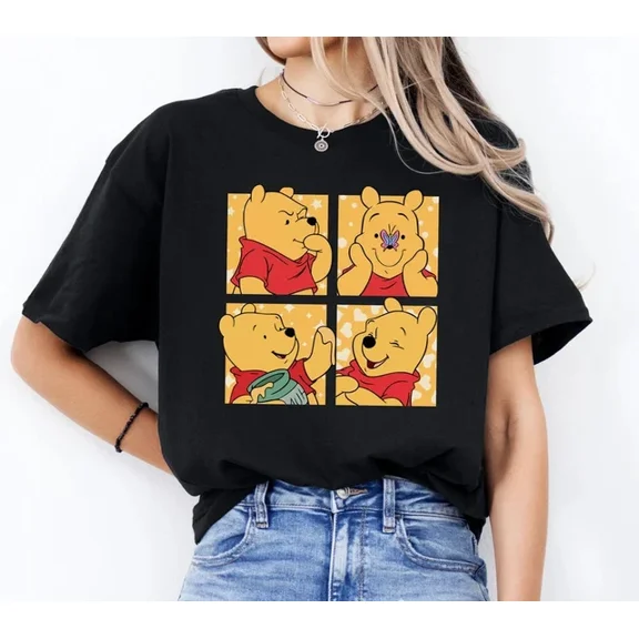 Disney Cute Winnie The Pooh Black T-shirt 2025