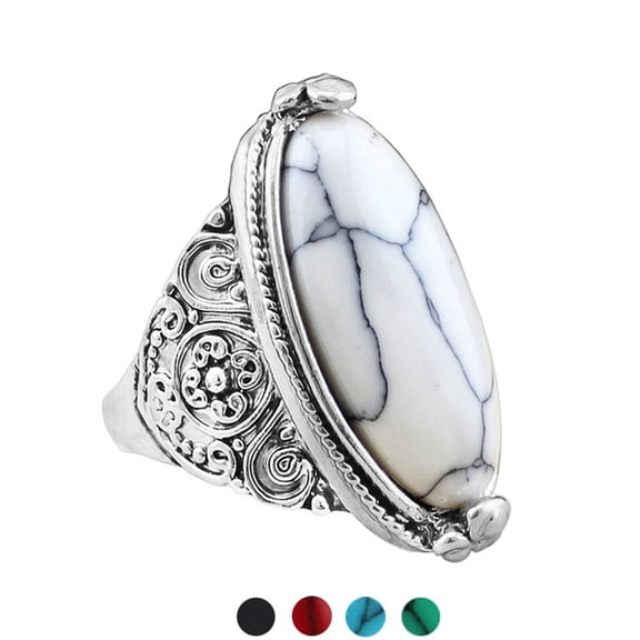 SmartBy Women Boho Vintage Oval Turquoise Antique Silver Plated Carving Ring Jewelry