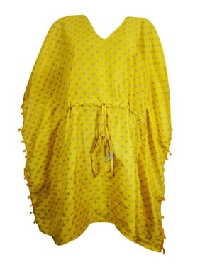 Mogul Yellow Printed Kimono Short Caftan Tunic Dress XL
