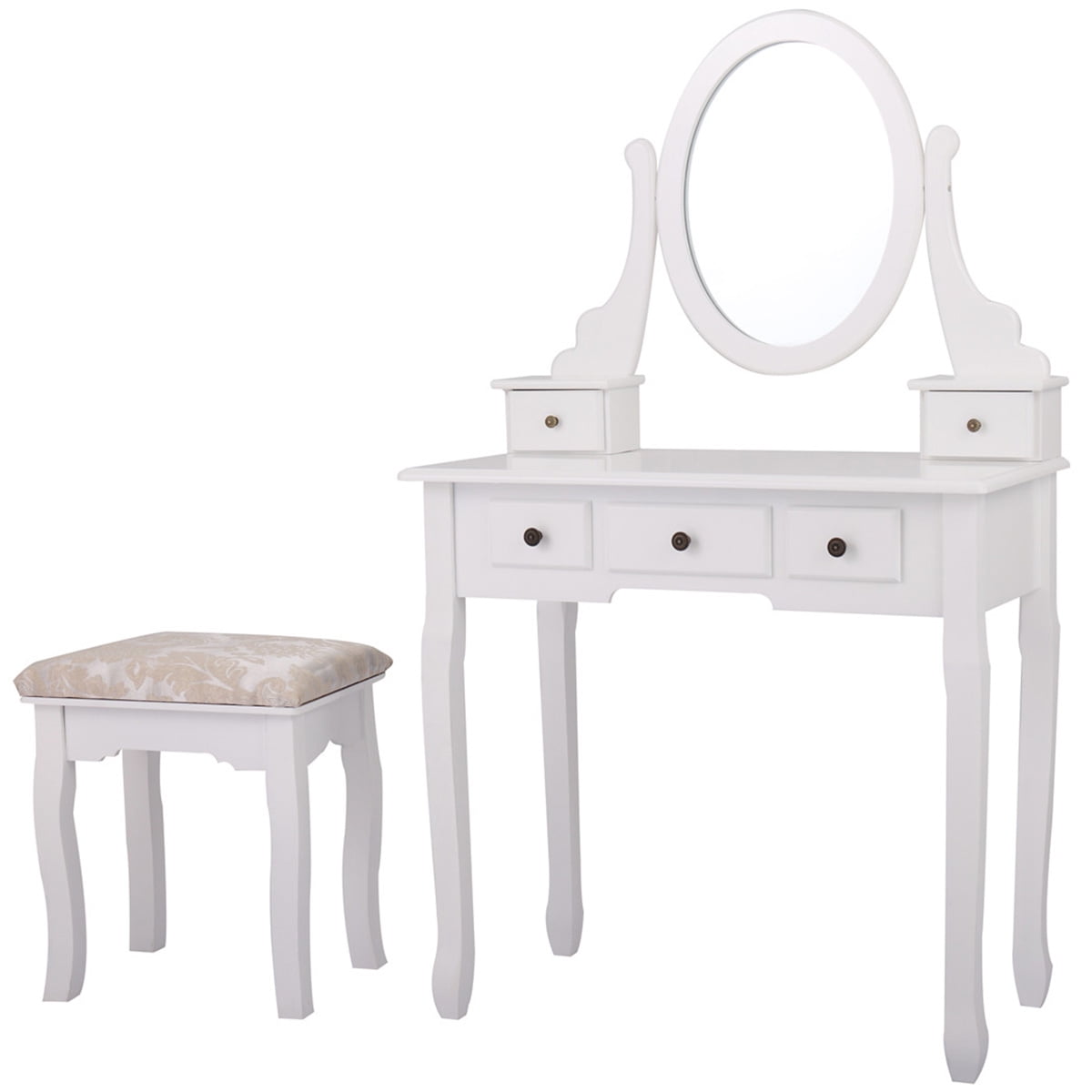 Kepooman Wooden Vanity Set, Makeup Dressing Desk with Cushioned Stool, Oval Mirror and 5 Drawers - White Kepooman Wooden Vanity Set, Makeup Dressing Desk with Cushioned Stool, Oval Mirror and 5 Drawers - White