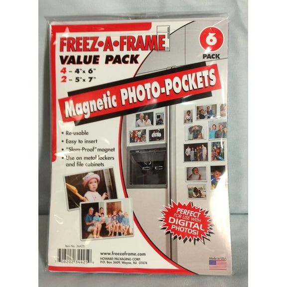Freez-A-Frame 34425 Magnetic 4 - 4" x 6" & 2 - 5" x 7" Photo Frame For Refrigerator Value 6-pack - Made in USA