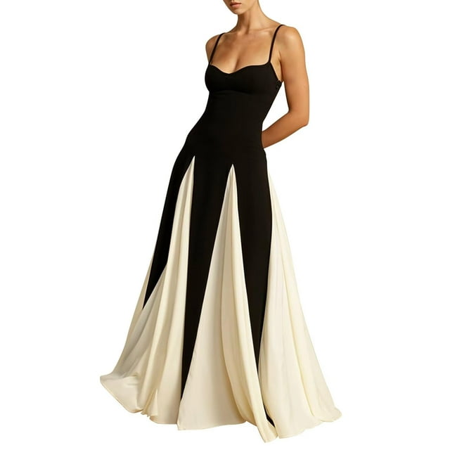 Vestido de fiesta EEMEII para mujer, tirantes finos, patchwork, negro y blanco
