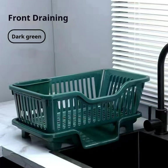 Plastic Dish Drying Rack Dish Draining Rack with Drainboard Kitchen Tableware Drying Basket with Cutlery Holder for Kitchen Counter, Army Green