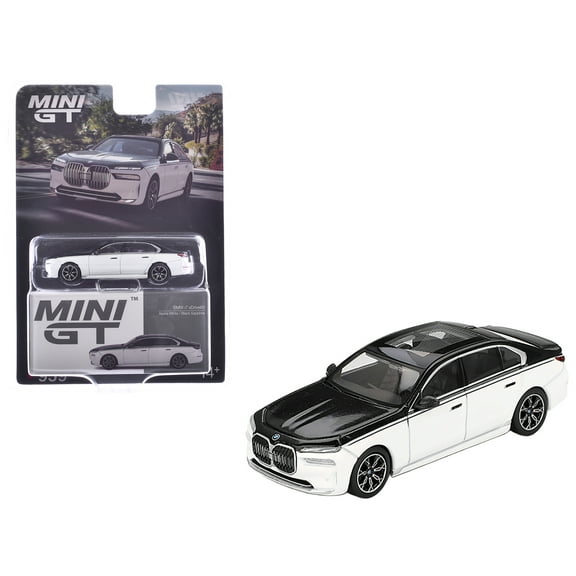 BMW i7 xDrive60 Dravit Alpine White and Black Sapphire Limited Edition 1/64 Diecast Model Car by Mini GT